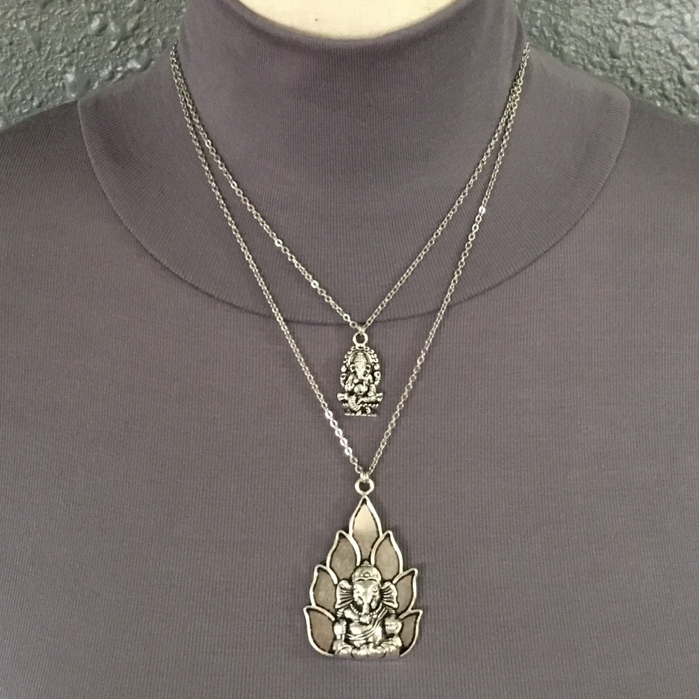 “Lucky Ganesh” Silver Hindu Elephant God Handmade 2-Layer Adjustable Necklace - Picture 4 of 15